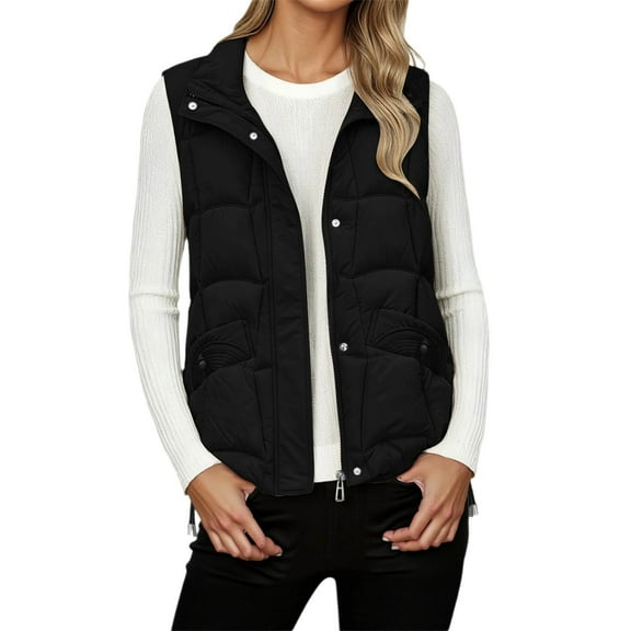 Gaexia Vest for Women Long,Elegant Quilted Sleeveless Outerwear Vest With Notched Collar and Front Pockets for Women Winter Casual Fashion