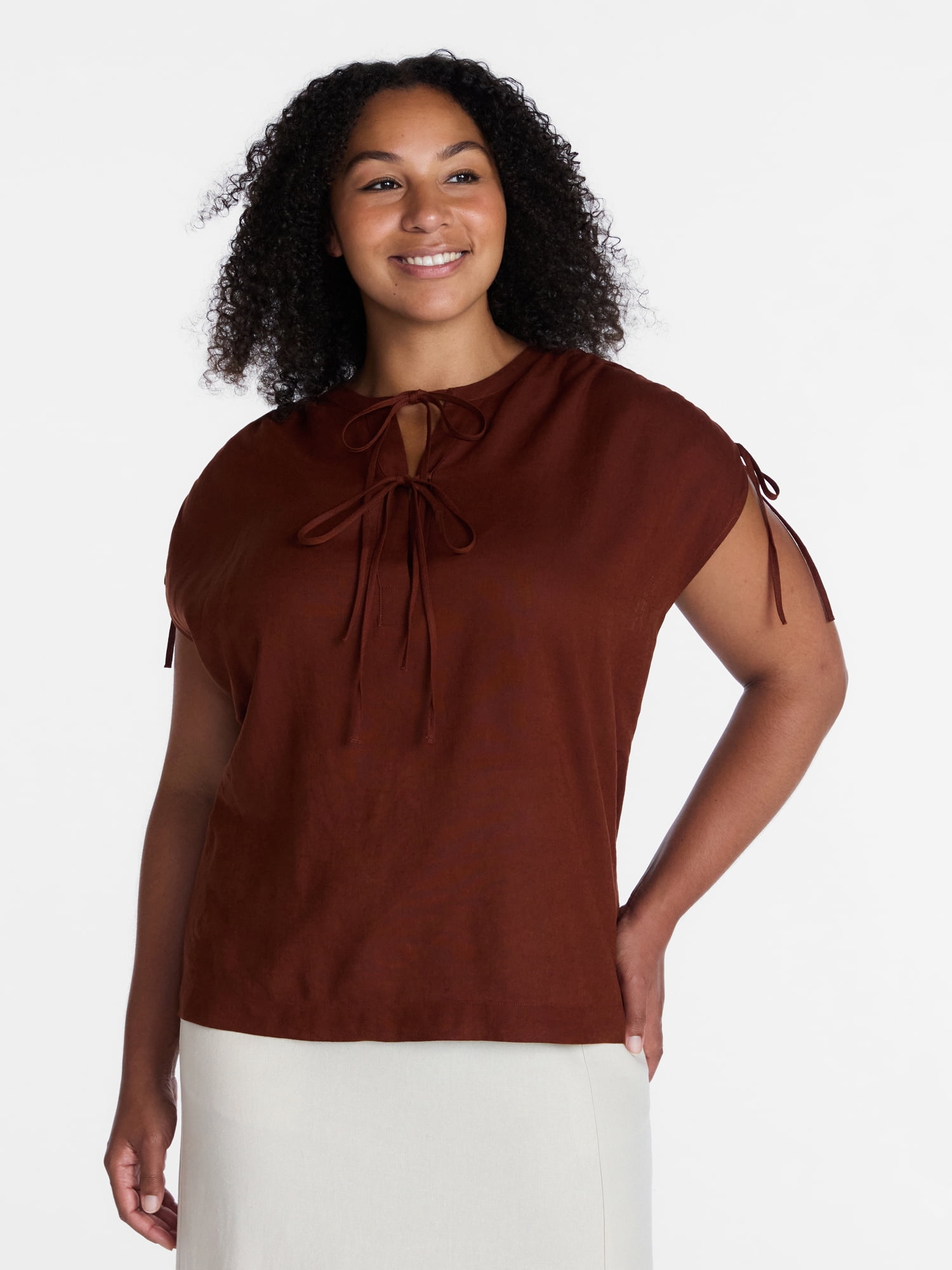 Time and Tru Women’s Linen-Blend Tunic Top with Ruched Sleeves, Sizes XS-XXXL