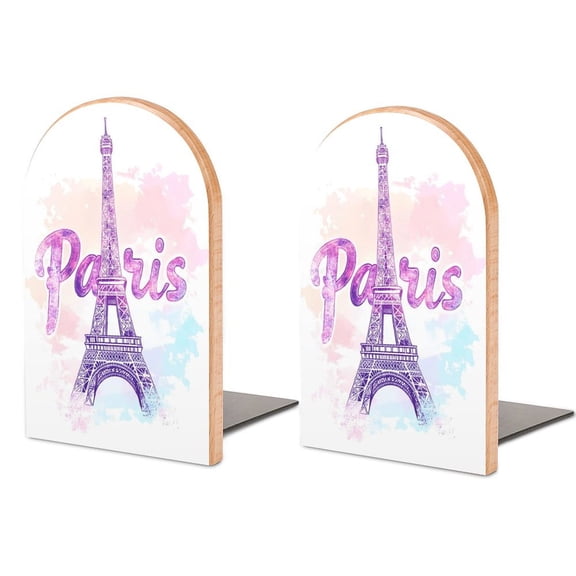 Dreamy Paris Eiffel Tower Wood Book Ends for Shelves Non-Skid Book Holders Heavy Duty Book Stand Support for Books and Movies