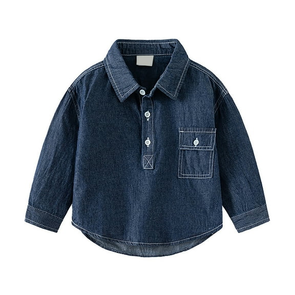 Hjtefg Toddler Boys Girls Denim Shirt - Soft Long Sleeve Button Down Top for Kids Fall Winter Casual Wear,Color: Dark Blue Size: 2-3 Years