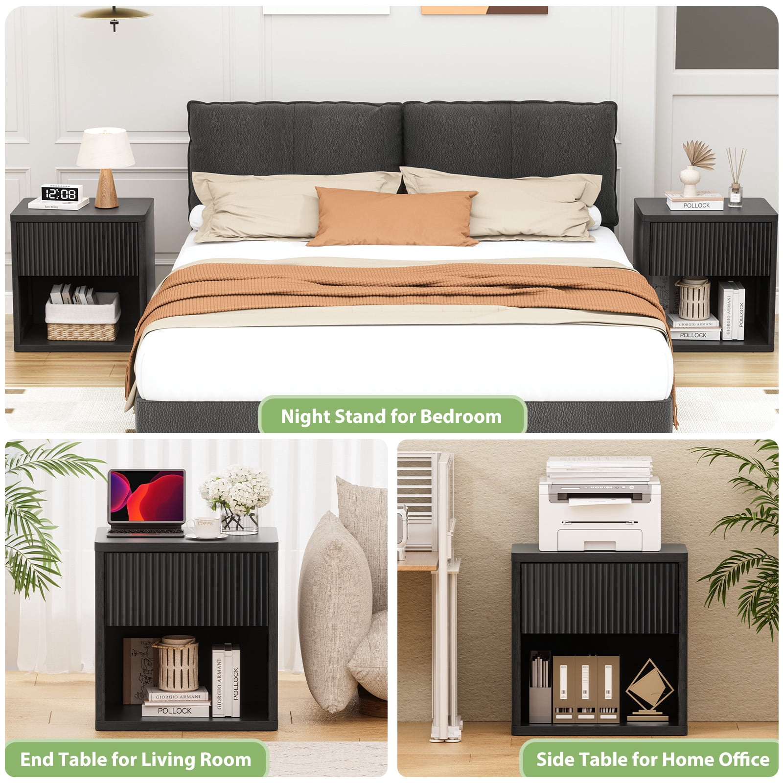 Brafabhome Fluted Nightstands with Drawers, Modern Bedside Table with Hidden Drawer, Accent End Table with Storage Shelf for Bedroom Living Room, Set of 2 | Black
