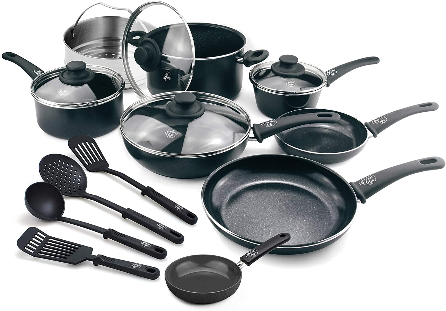 Cookware Set Ceramic Non-stick 18-Piece Soft Grip Toxin-Free Healthy GreenLife 