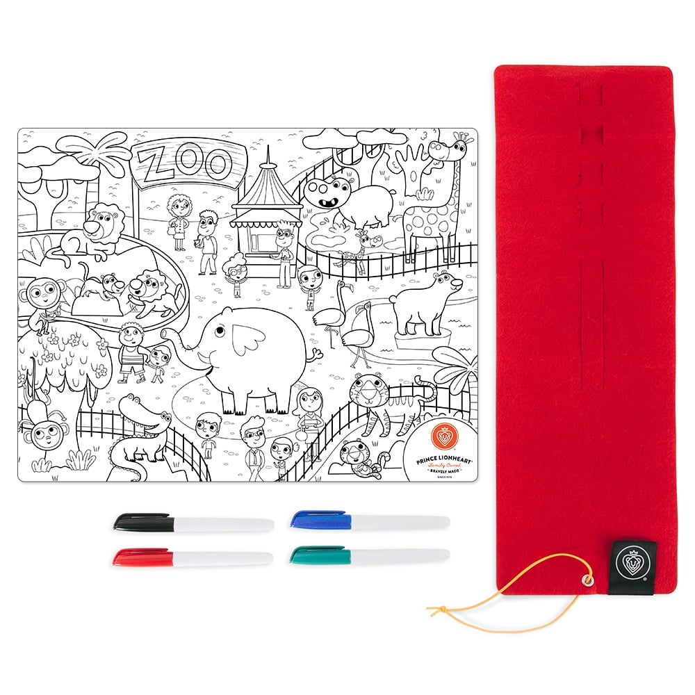 Prince Lionheart Color and Draw Reusable Silicone Placemat with Markers and Travel Sleeve, Zoo