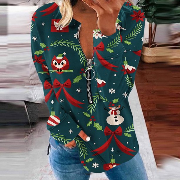 Pntutb, camiseta informal de manga larga con cuello en V de Navidad para mujer, blusa holgada con estampado de otoño, tops con cremallera Pntutb Pntutb-5377