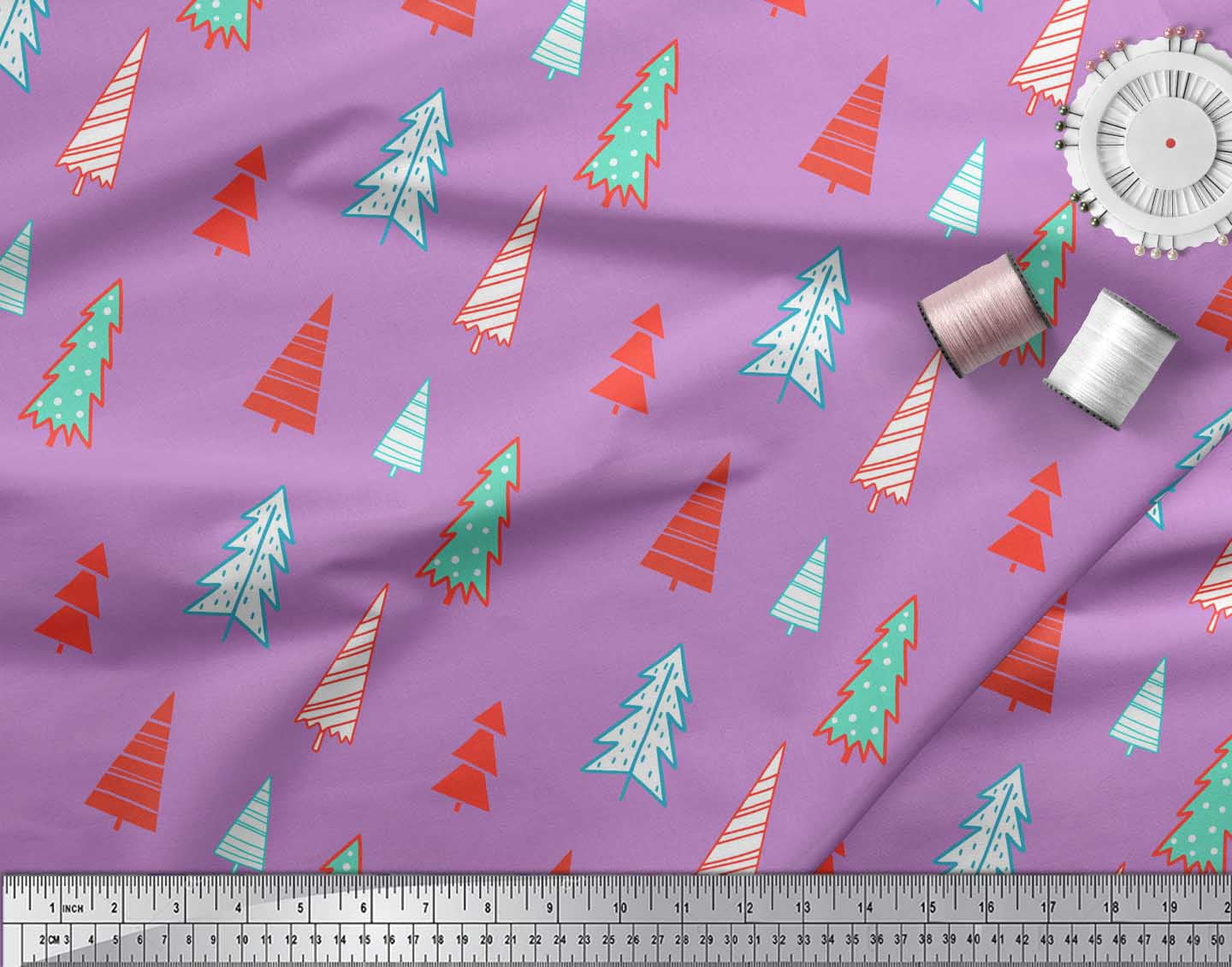 Soimoi Purple Cotton Duck Fabric Christmas Tree Print Fabric by Yard 56 Inch Wide