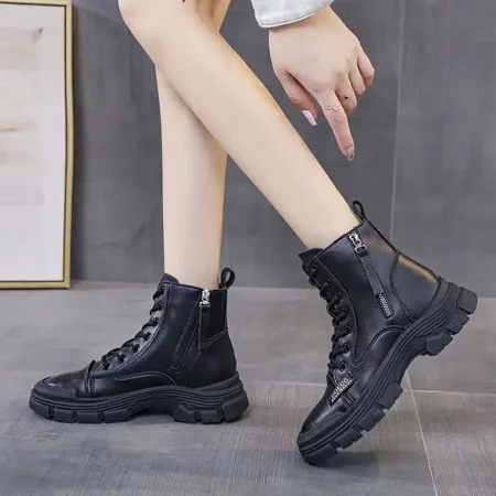

Women‘s All-match Thick Bottom Martin Boots Letter Detail Side Zipper Lace-up Combat Boots