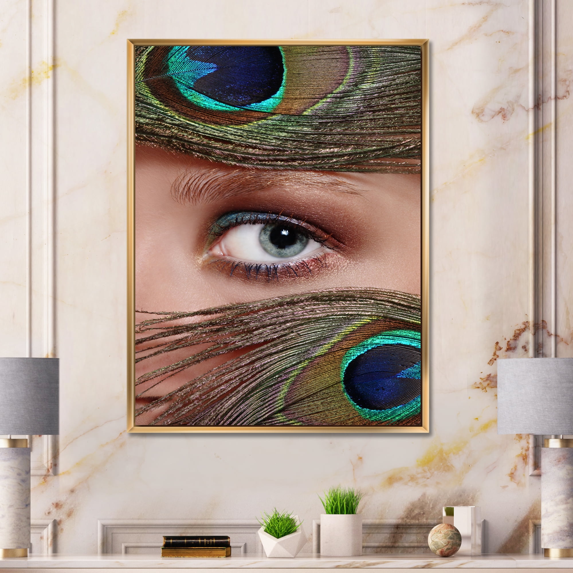 Designart 'Peacock Feathers and Eye' Bohemian & Eclectic Framed Canvas Wall Art Print