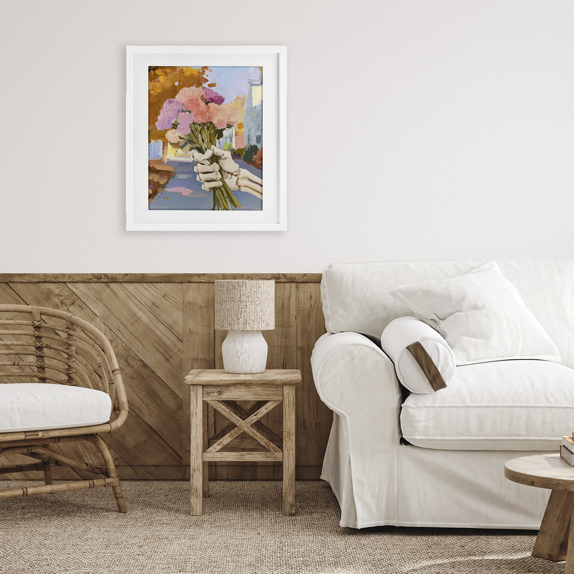 Stupell Industries Skeleton Hand Holding Flowers White Framed Print Under Glass, design by The Prints Vibe