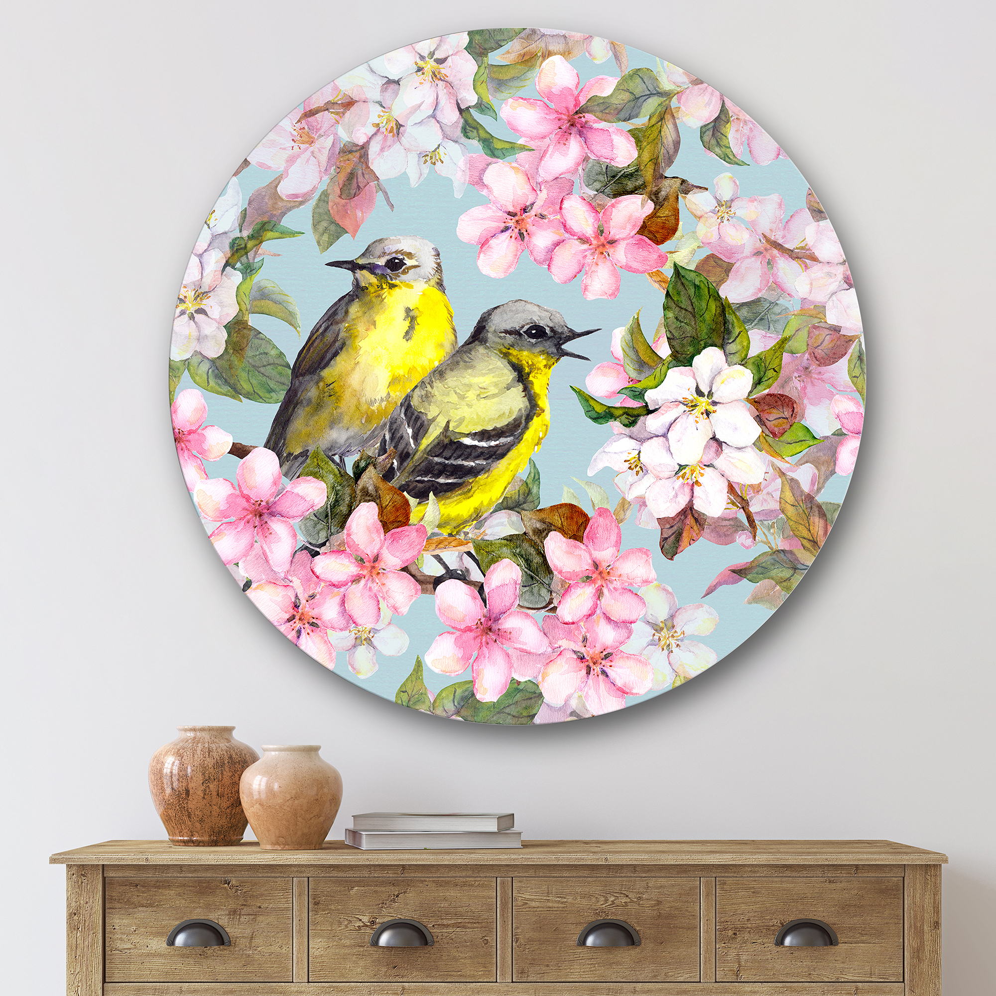 Designart 'Birds On Pink Cherry Sakura and Apple Flowers II' Traditional Circle Metal Wall Art 36x36 - Disc of 36