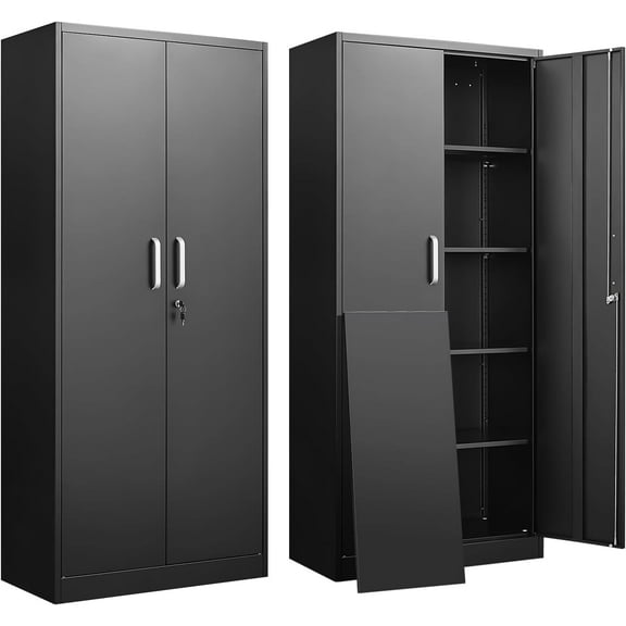 Metal Storage Cabinet with Adjustable Shelves, Garage Storage Cabinets with Doors and Shelves, File Cabinets for Home Office, Kitchen Pantry Cabinet, 71'H, Black