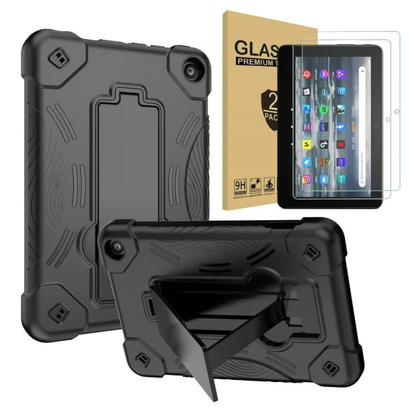 Epicgadget Fire 7 Case 2022 with 2PCS Tempered Glass Screen Protector - Three-Layer Full Body Rugged Shockproof Cover with Stand for Amazon Fire 7 Tablet (12th Generation, 2022 Released) (Black/Black)