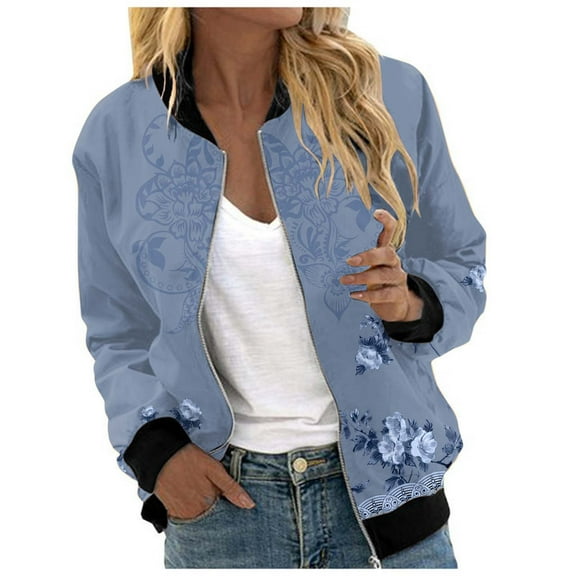 Women Casual Jackets Floral Print Long Sleeve Zip Up Bomber Jackets Fall Winter Collar Lightweight Loose Outerwear Coat Z001-Blue L