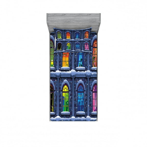 Ambesonne Colorful Fitted Sheet & Pillow Sham Set, Snowy Winter Night, Twinxl, Multicolor