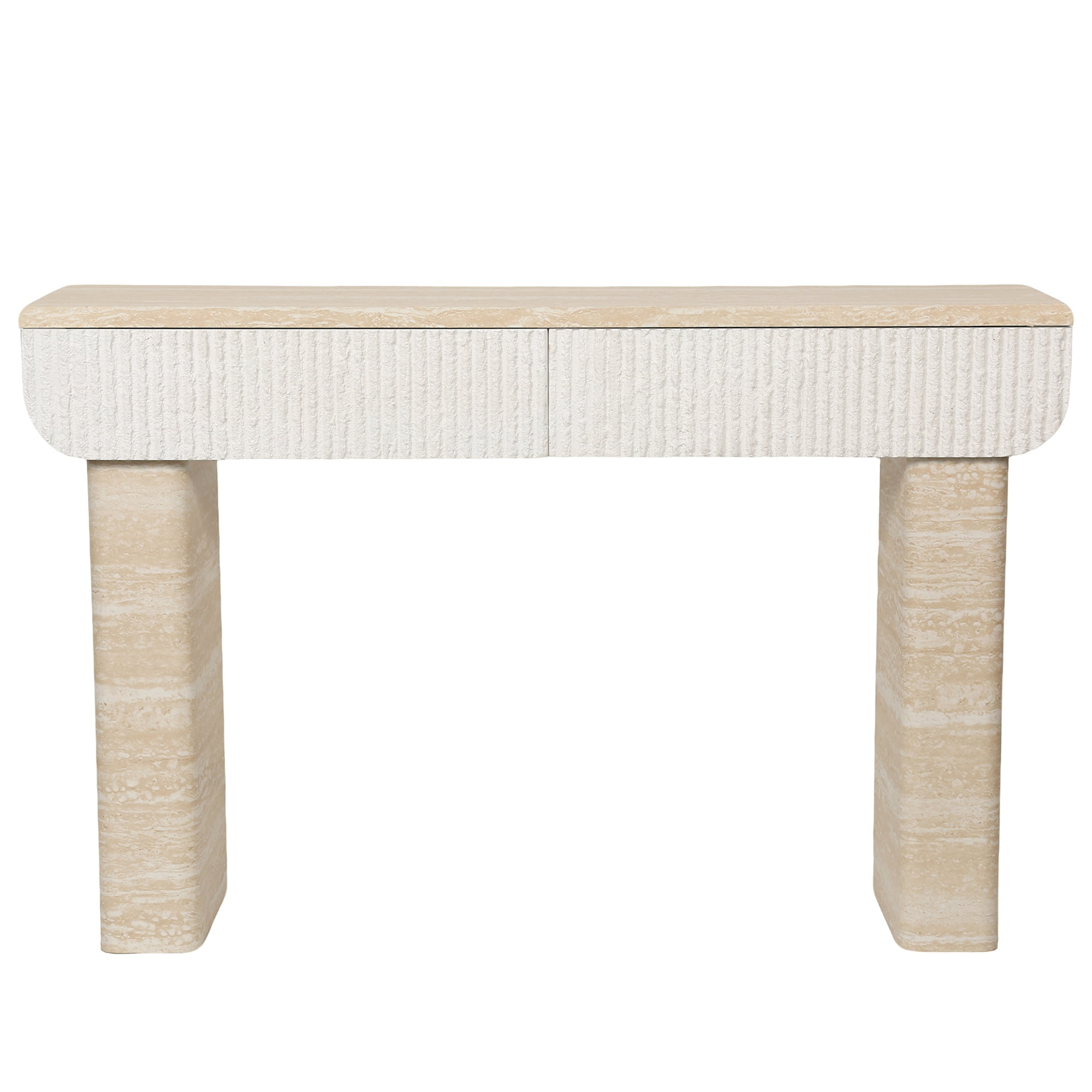 Shaiailed 47" Faux Travertine Console Table with 2 Drawers,Long Entryway Table, Narrow Hallway Table,Foyer table,Contemporary Sofa Table Behind Couch with Storage for Living Room