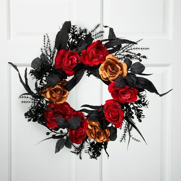 Northlight Roses with Mixed Foliage Halloween Wreath - 22" - Red and Gold - Unlit