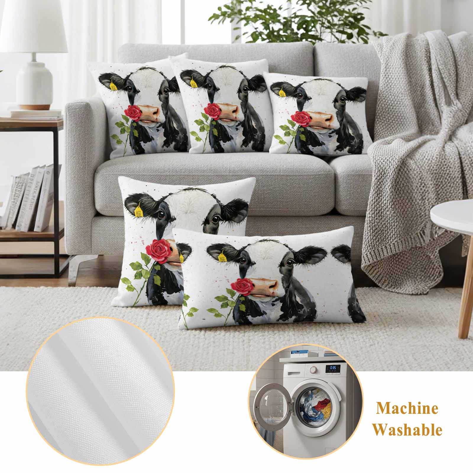 Black White Cow Outdoor Waterproof Pillow Covers, Spring Farmhouse Animals Printed Red Floral Decorative Square Throw Pillowcase Sofa Cushion Sham for Patio/Couch/Chair, 26"x26" 2 Pack