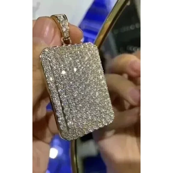 "Men's Cluster Dog Tag Charm Pendant | 2Ct Simulated Diamond | 14K Yellow Gold Plated"