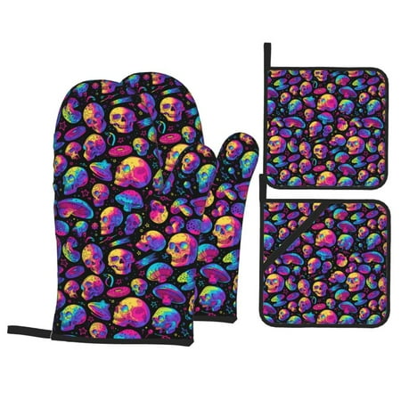 

Oven Mitts and Pot Holders Sets 4 pcs Skull rainbow star mushroom Non-Slip Oven Gloves Potholders Soft Quilted Lining Heat Resistant Gloves Hot Pads for Kitchen Cooking Baking