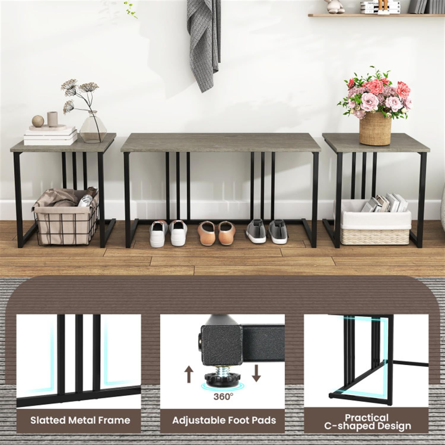 Demi Bonn 4-Piece Dining Table Set with Bench and 2 Stools, 47"dustrial Kitchen Table with Metal Frame, Perfect for Small Space, Gray