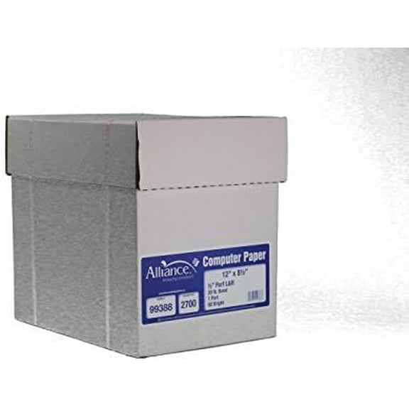 Alliance Continuous Computer Paper 12" x 8-1/2" Blank Left & Right Perforated 1-Part 92 Bright 20lb 2700 Sheets per Carton