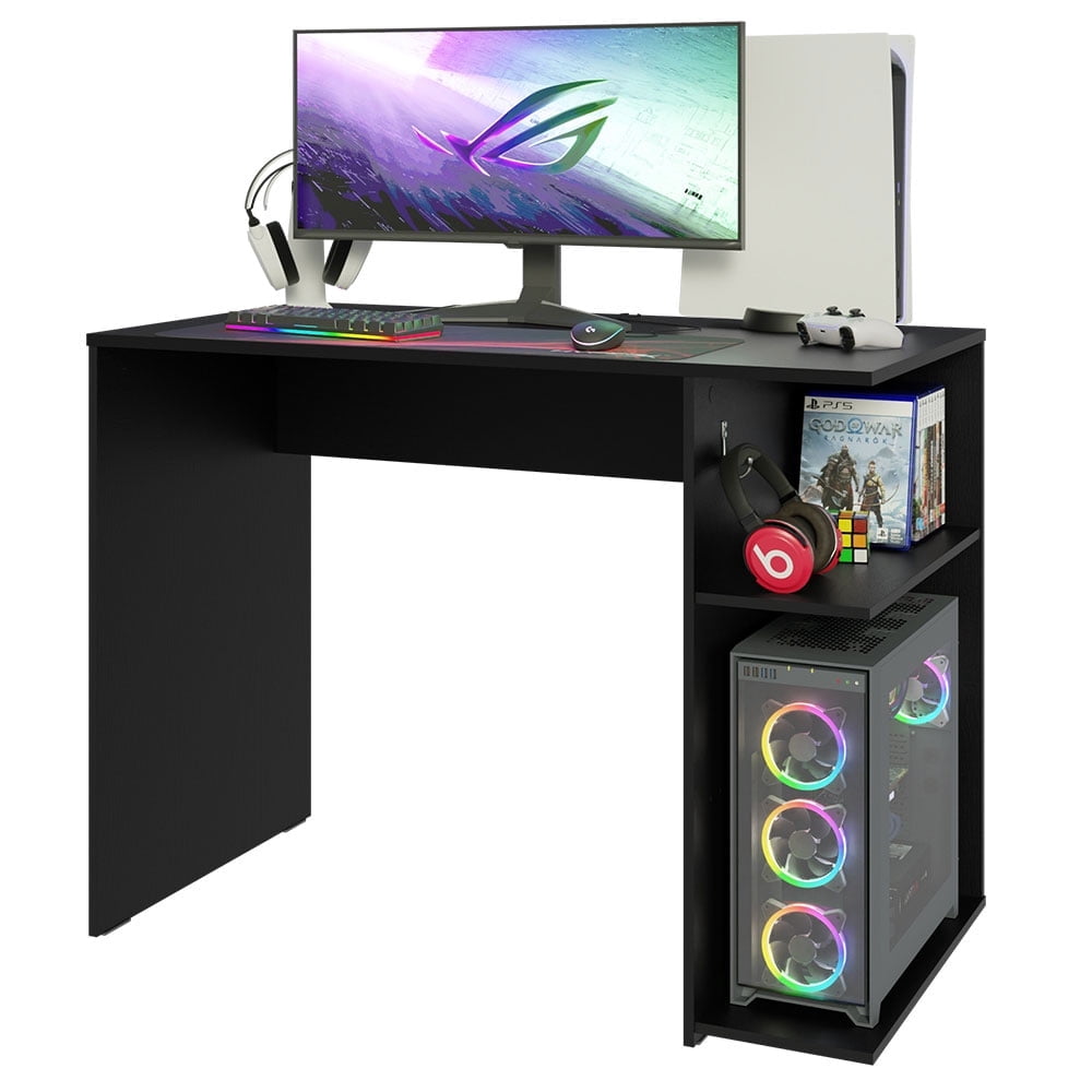 Madesa Gaming Computer Desk 39 Inch with 2 Shelves and Headphone Hanger Wooden Sturdy Home Office Table for Kids and Adults - Black