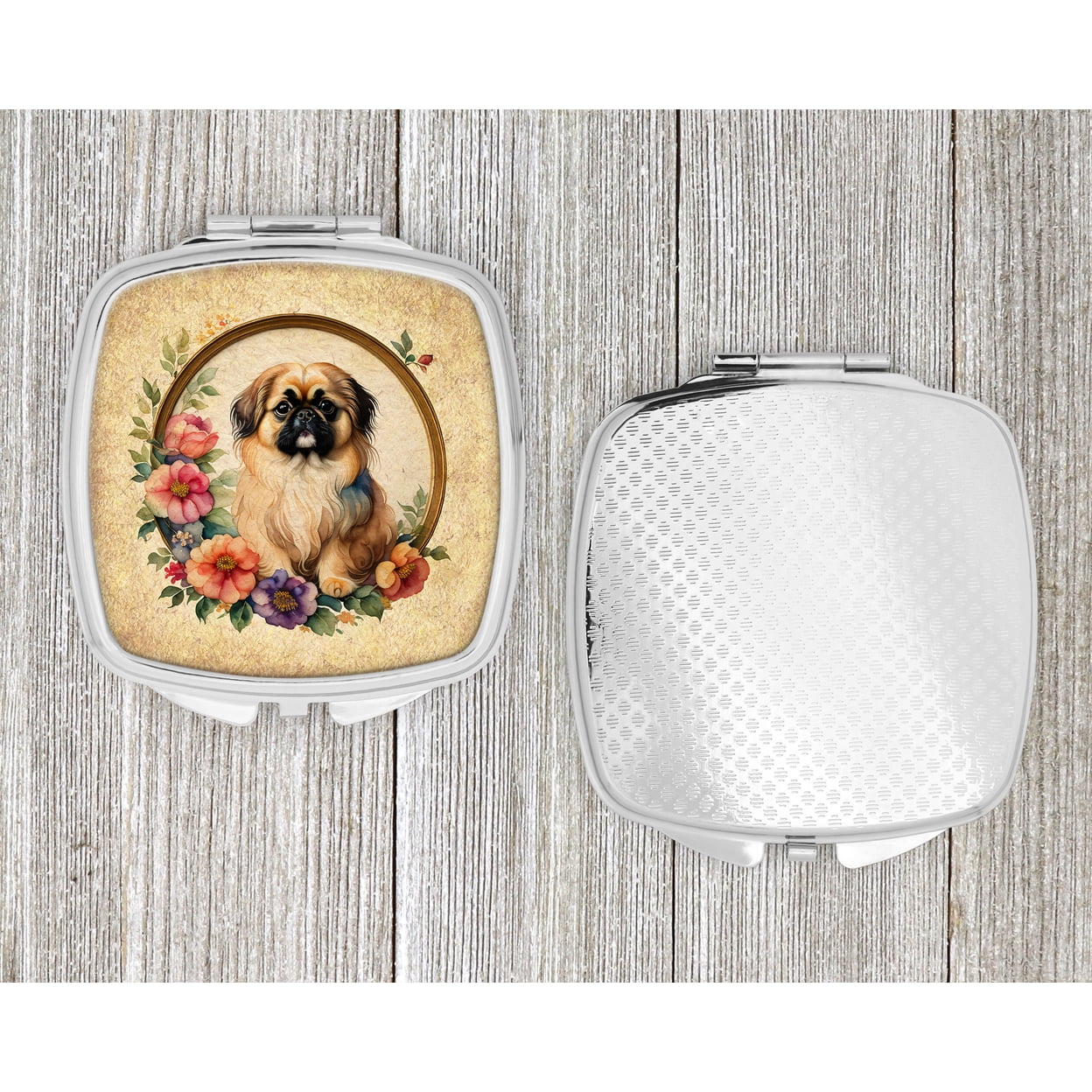 Pekingese and Flowers Compact Mirror 2.75 in x 3 in