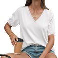 thumbnail image 3 of Summer Short Sleeve Women V Neck Solid Puff Sleeve T Shirt, 3 of 6