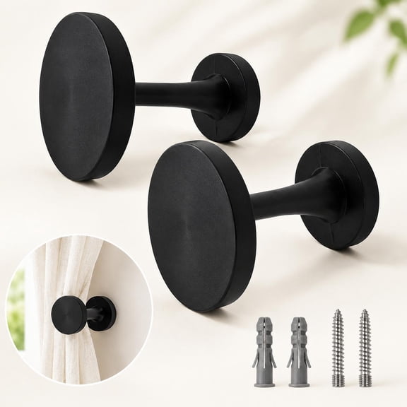 Curtain Tiebacks, 2 Pack Zinc Alloy Wall Mounted Curtain Holdbacks with Screws, Stylish Black Decorative Curtain Holders Hooks for Drapes, Home & Office