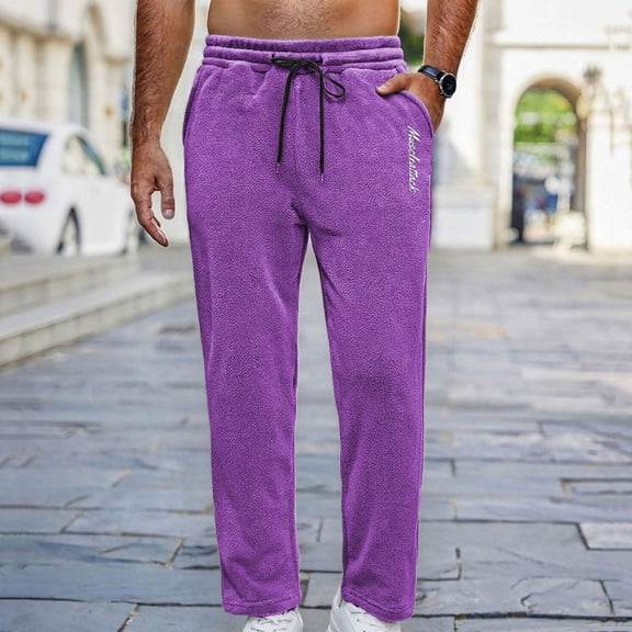 CQONEPT Sherpa Fleece Pants for Mens Drawstring Fuzzy Casual Cozy Pant Soft Warm Winter Outdoor Trousers with Pockets Purple M