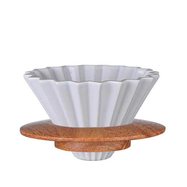 Ceramic Coffee Dripper Pour Over Coffee Maker with Wood Stand Elegant Flower Shape Filter,Slow Brewing Maker for Home Cafe