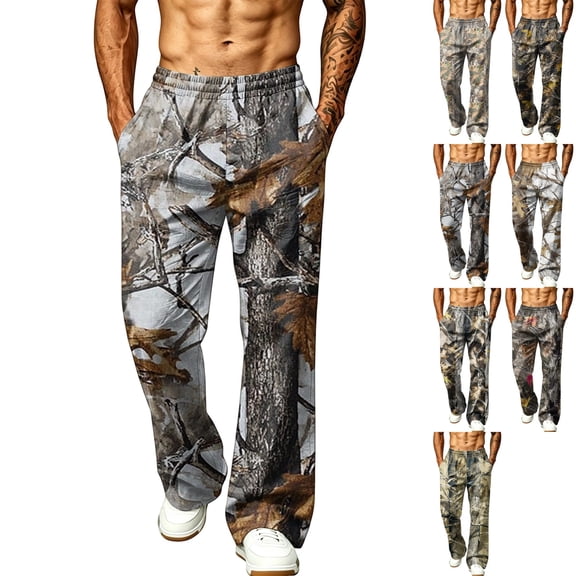 GrmtClth Mens Camouflage Print Baggy Sweatpants Adjustable Drawstring Elastic Waist Lightweight Hunting Casual Straight Leg Pants With Pockets Camel 2XL