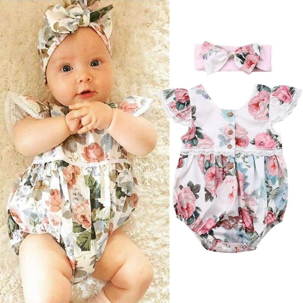 Newborn Infant Baby Girl Lace Romper Bodysuit Jumpsuit Headband Outfit Set NEW
