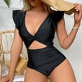 thumbnail image 2 of Jacenvly One Piece Swimsuits for Women Modest Clearance Fashion Short Sleeve Solid V-Neck Surfing Swimwear Satiny New Color Hollowed Out One-Piece High Waist Lace-Up Bikini Swimsuit Female Black, 2 of 5