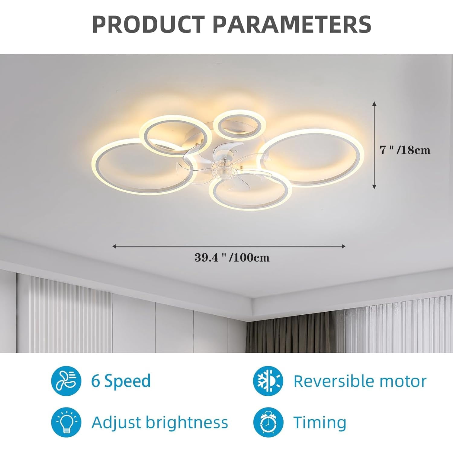 39.4'' Ceiling Fan with Light and Remote Control ，Low-Profile Modern Flush Mount Installation, Dimmable with 6 Speed Options for Bedrooms, Living Rooms, Dining Rooms, and Kitchens