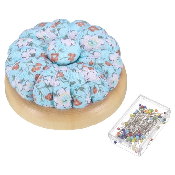 Uxcell Pin Cushions Sewing Cute Needle Holder with Magnetic Wooden Base with 50 Pieces Sewing Pins Floral Blue