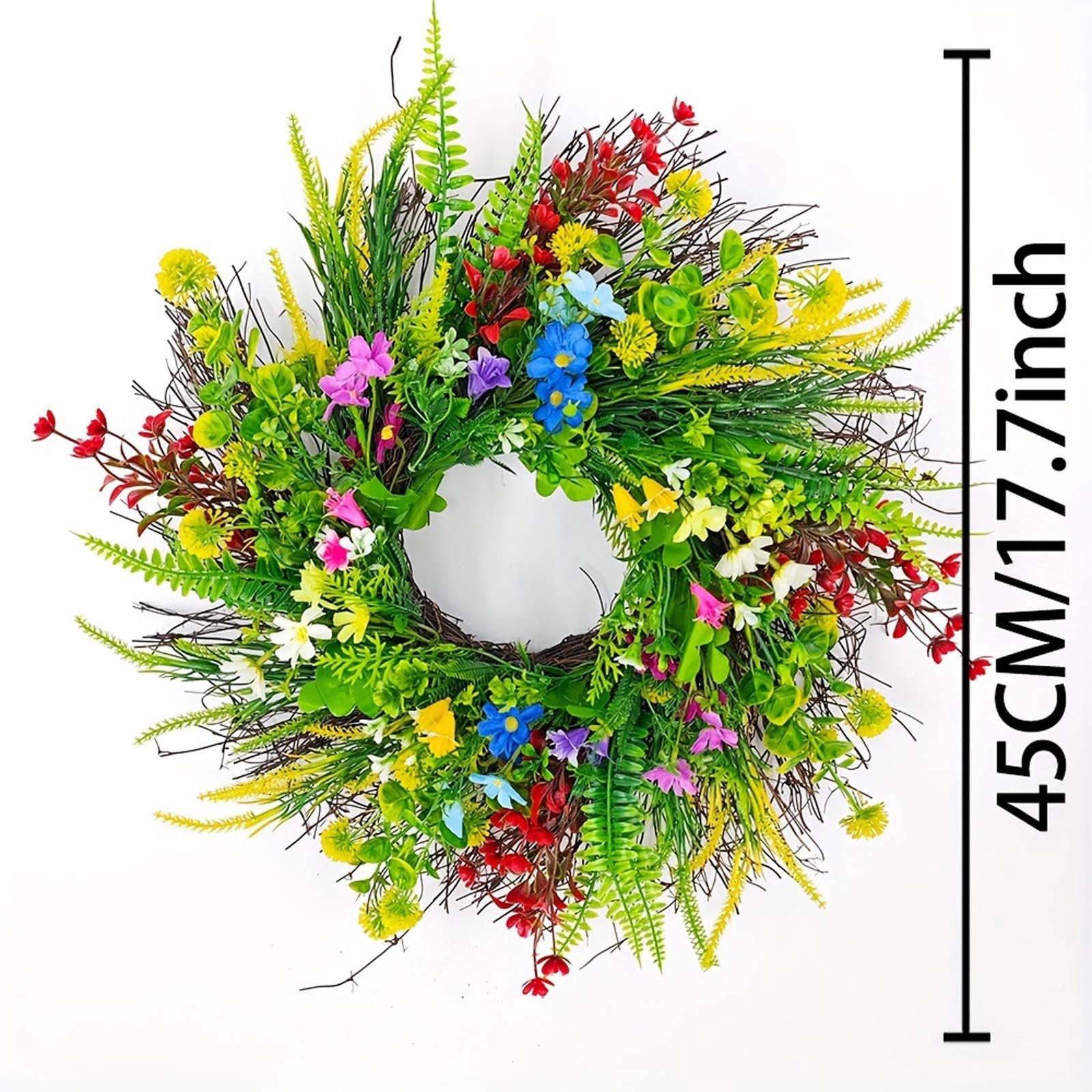 Spring Wreaths for Front Door 18 Inch - Outdoor Spring Summer Wreath with Wildflower and Green Leaves,Front Door Wreath for Farmhouse Home Porch Wall Decor