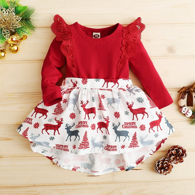 Newborn Baby Girls Clothes Baby Girls Dress 0-3 Months Baby Girls Long  Sleeve Round Neckline Christmas Dress Red - Walmart.com