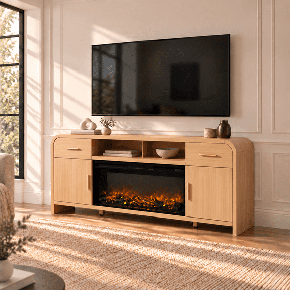 Vintagearth 70.86" Fireplace TV Stand for TVs up to 80", 36" Electric Fireplace Entertainment Center with Storage, Natural Oak