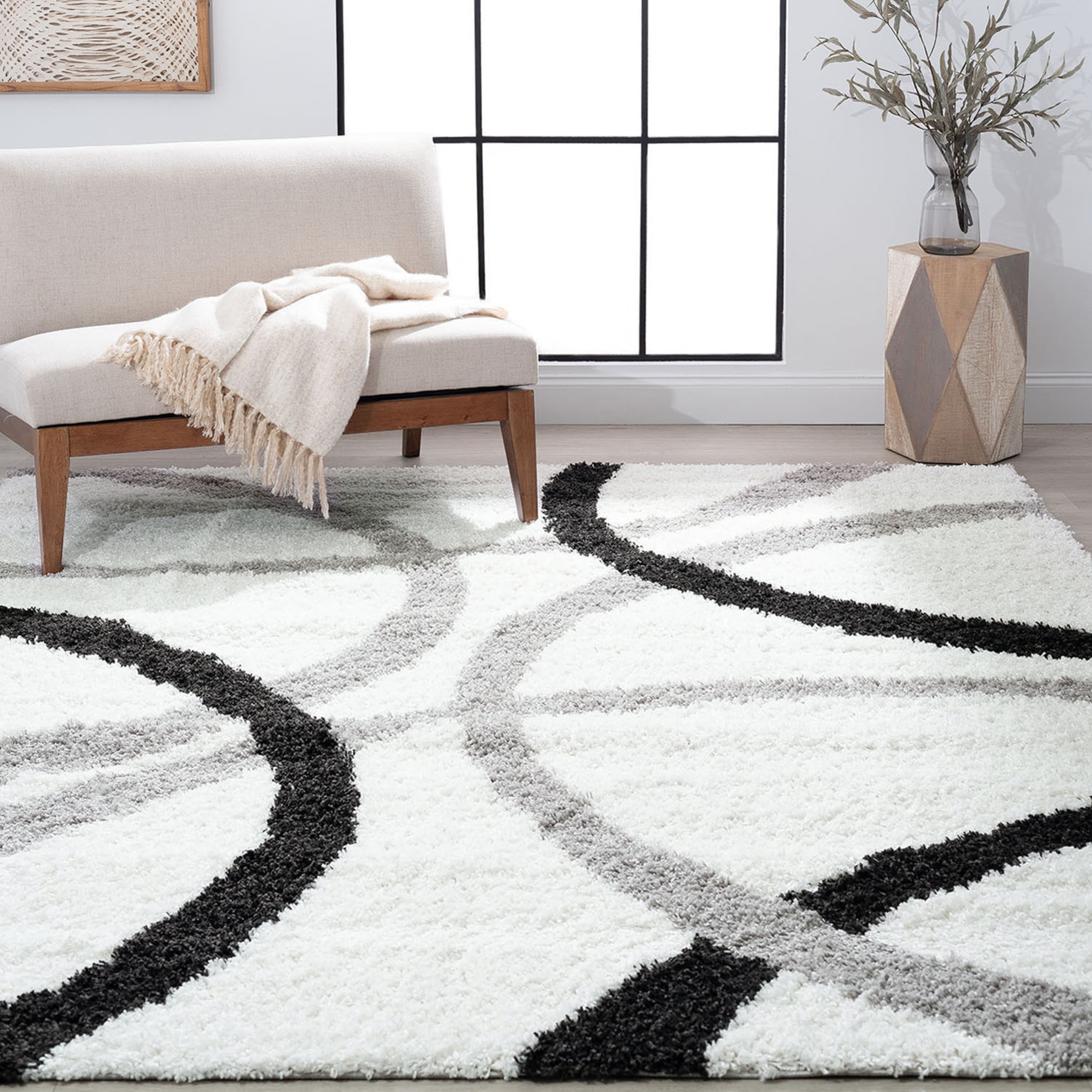 Contemporary 8x10 Area Rug Shag Thick (7'11'' x 9'11'') Abstract White