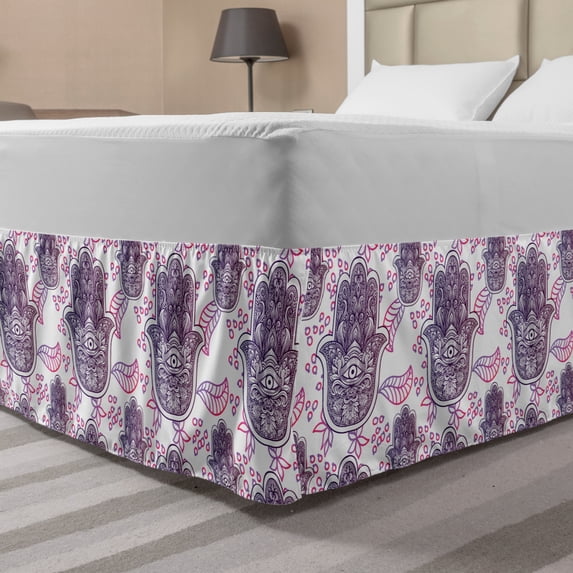 Hamsa Bed Skirt, Doodle Ombre Leaves and Circles with Motif of Importance from East, Elastic Bedskirt Dust Ruffle Wrap Around for Bedding Decor, 4 Sizes, Hot Pink and Lavender, by Ambesonne