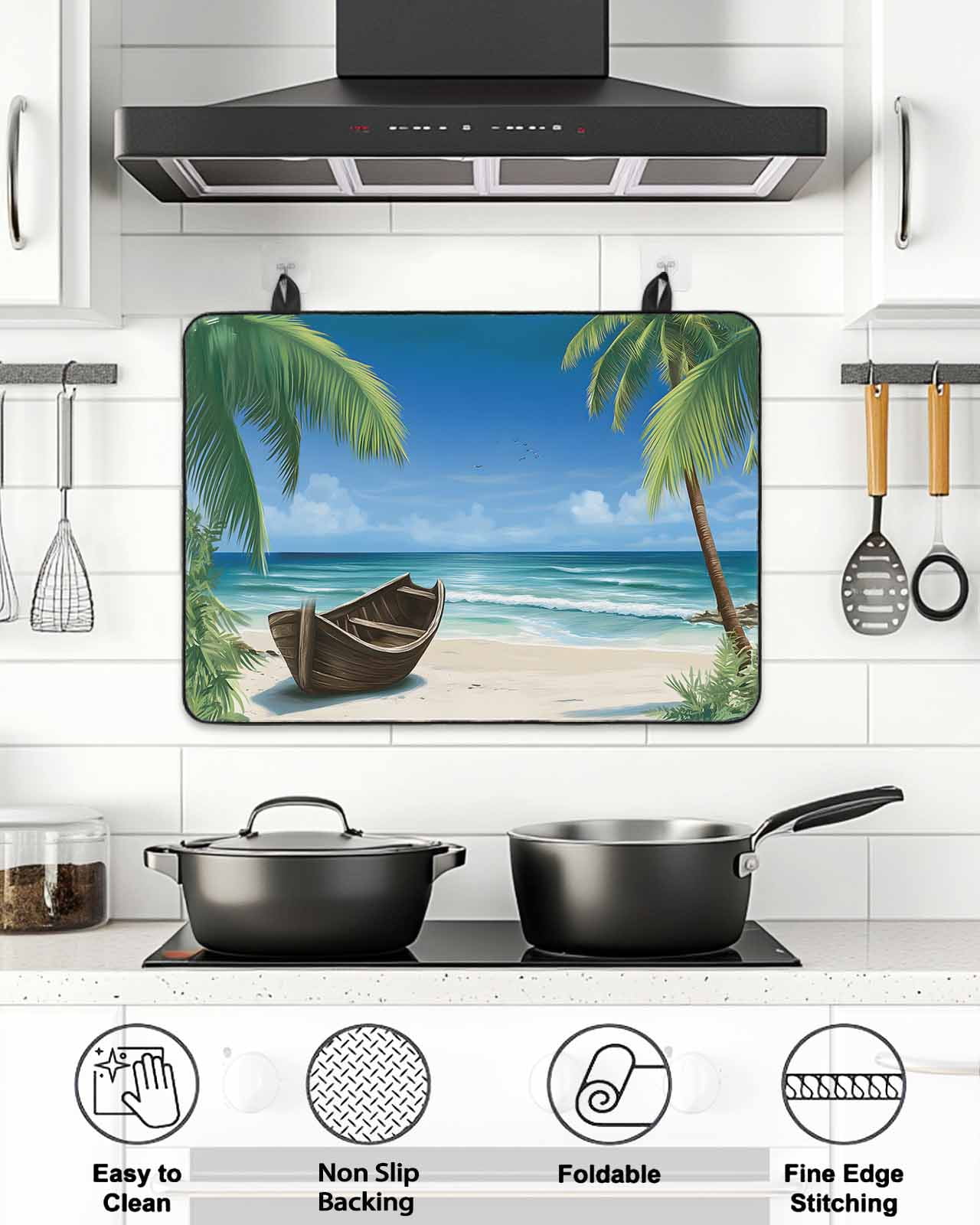 Stove Top Covers for Electric Stove, Ocean Beach Glass Stovetop Cover Protector, Blue Coastal Palm Tree Nautical Sailboat Induction Cooktop Protector Oven Mat for Kitchen Countertop 24"x21"