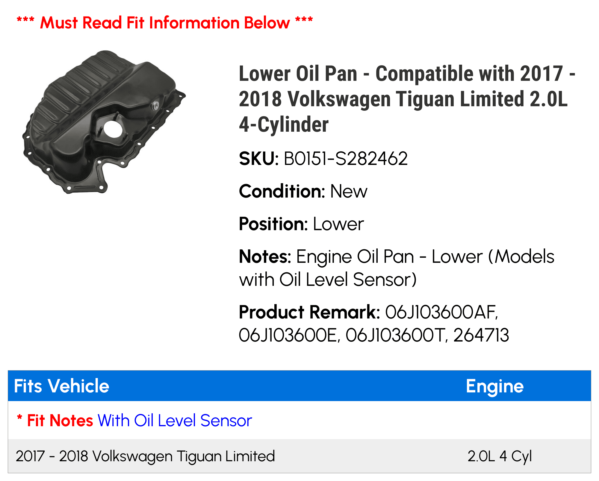 Lower Oil Pan - Compatible with 2017 - 2018 Volkswagen Tiguan Limited 2.0L 4-Cylinder - Replacement