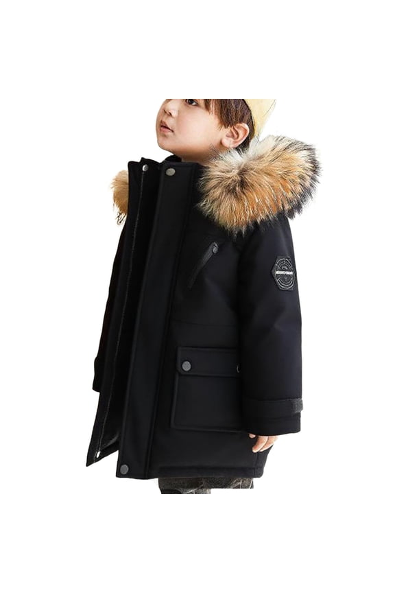Kids Boys Girls Heavyweight Sherpa Winter Jacket Hooded Furry Collar Parka Insulated Puffer Jacket Zip-Up Thickened Mid-Length Warm Outerwear (5-16Y)
