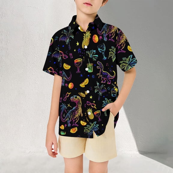 Boys Shirts Short Sleeve Lapel Collar Fashion Print Button Down Casual Kids Shirts Size 3-4Y