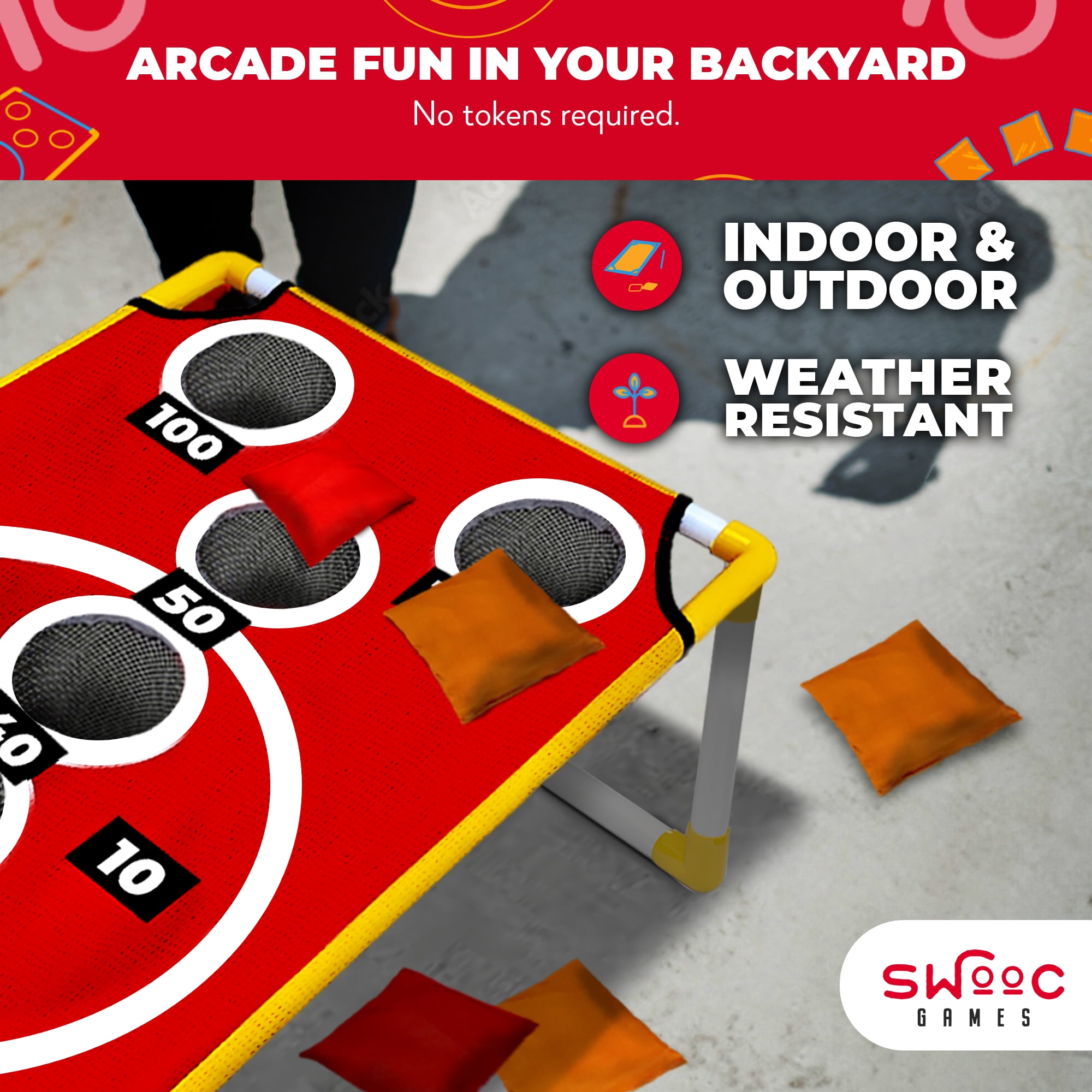 SWOOC Games - Coney Island Toss™ - Arcade Style Cornhole Board Set w/Carrying Case & 15+ Games - Corn Hole Games for Adults - Kids Bean Bag Toss Game - Kids Cornhole Set w/Bags - Outdoor Yard Games