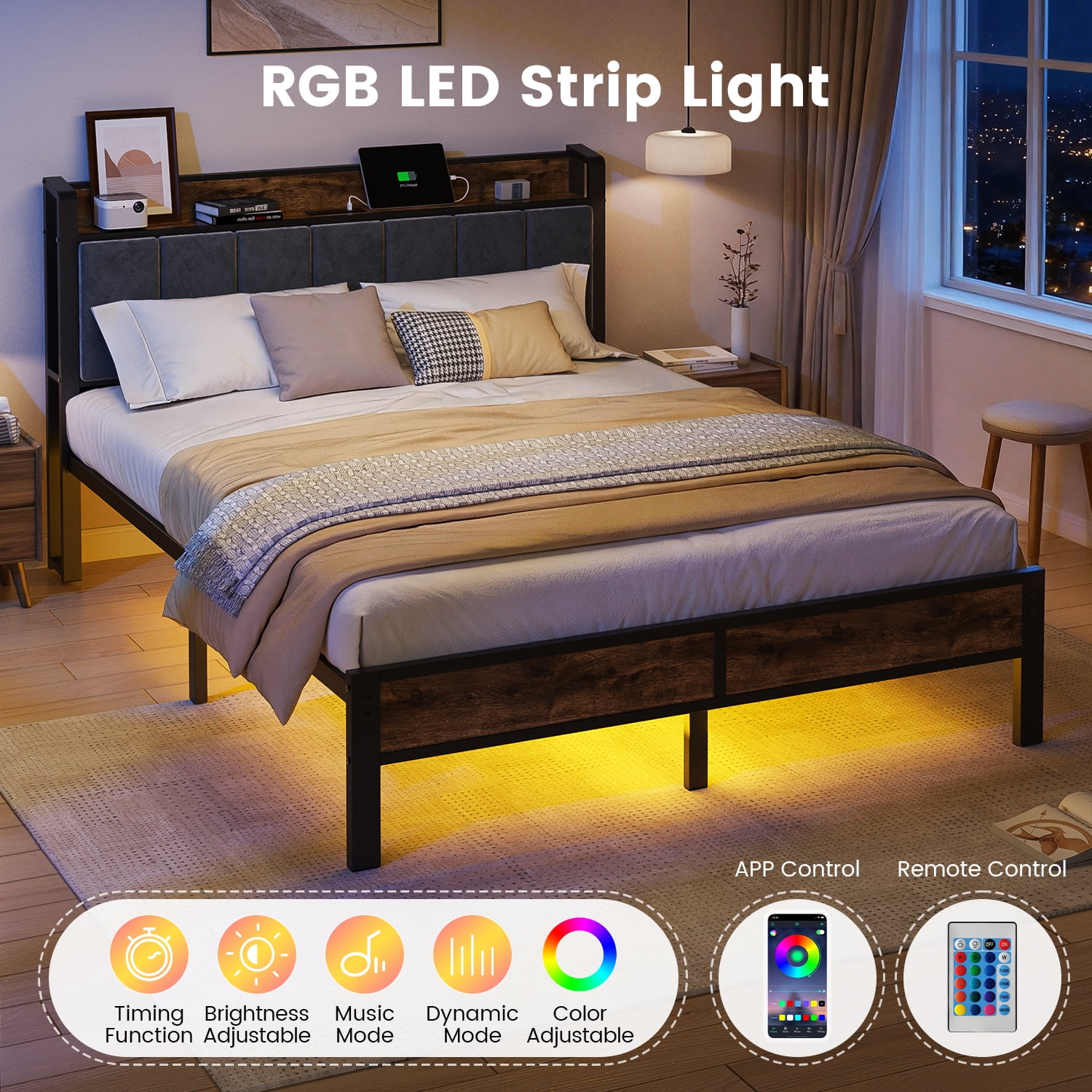 OLEVS Queen Bed Frame with Headboard, LED Lighting, Charging Station, No Box Spring Required