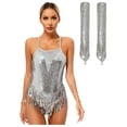 thumbnail image 3 of Xnihocha Women Sleeveless Fringe Latin Dance Leotard with Sequin Long Gloves Cha Cha Salsa Dancewear Silver XL, 3 of 5