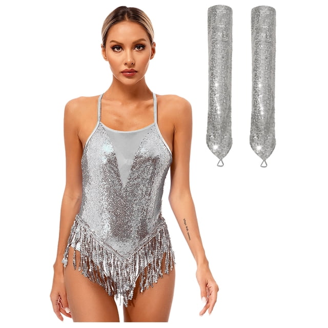 Lejafay Justaucorps de Danse de Salon à Sequins pour Femmes Robe de Fête de Bal Costume de Salsa Rumba avec Gants Argent TTG