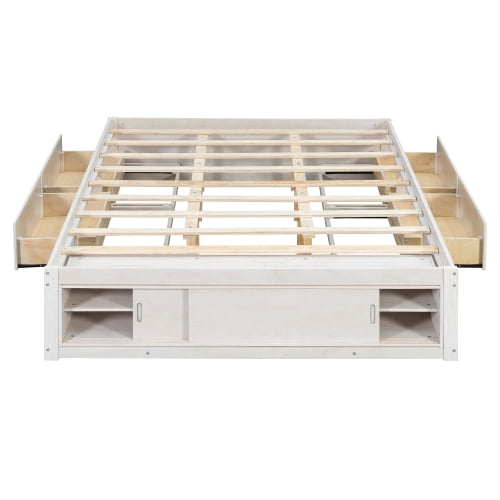 Queen Size Platform Bed Frame with 4 Storage Drawers and Footboard Storage Cubby, No Headboard Design Solid Wood Platform for Bedroom, White