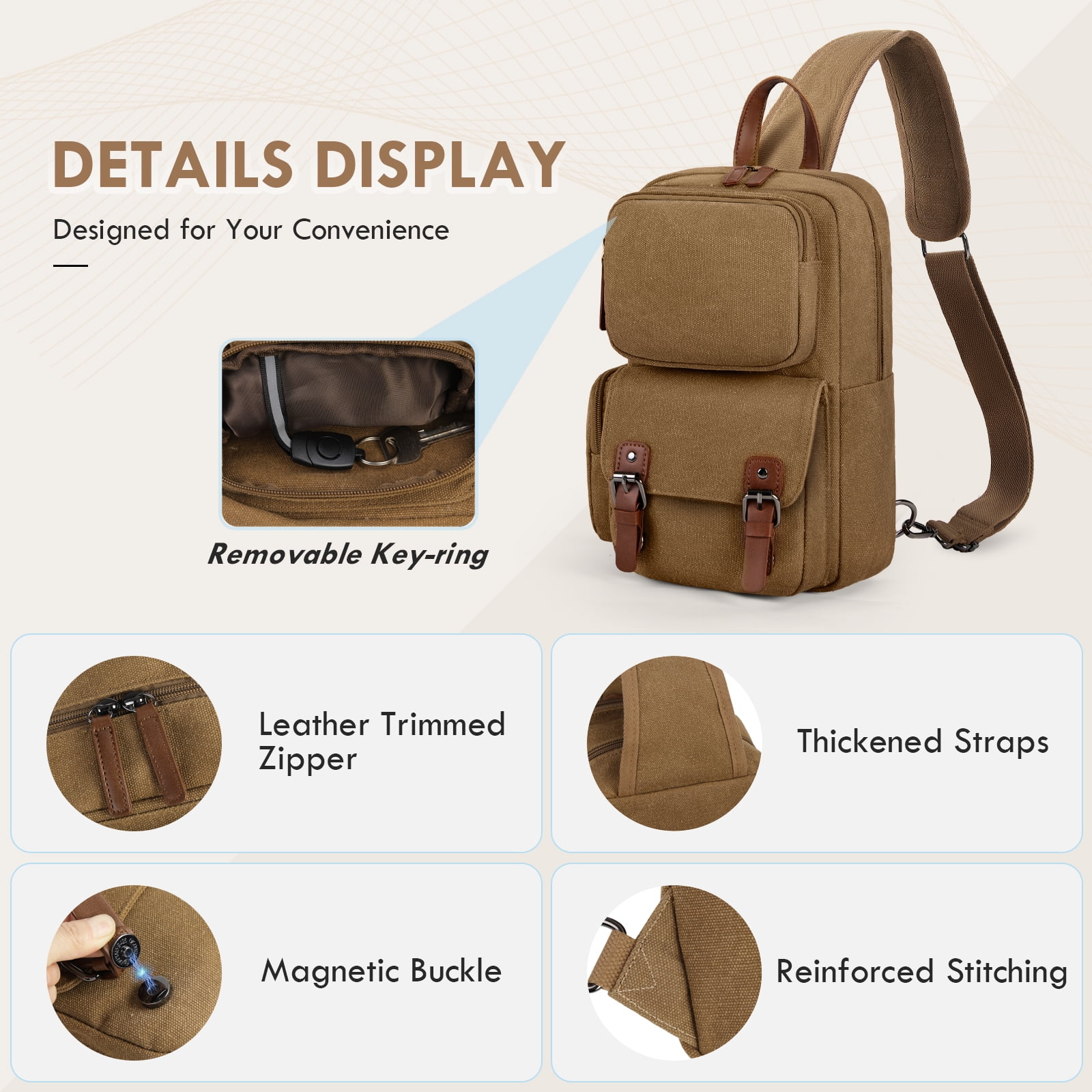 RAINSMORE Canvas Cross Body Messenger Bag for Men Women Shoulder Small Sling Bag Backpack for Travel Hiking,Brown
